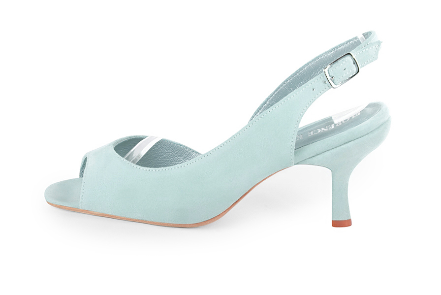 Aquamarine blue open-toe elegant pumps with back strap. Square toe. High slim heel. - Florence KOOIJMAN